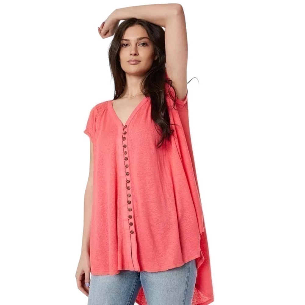 Free People Azalea Highland Button Front V-neck Short Sleeve Top Size Small Wmn